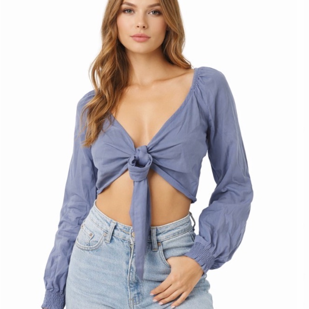 Tie-Front V-Neck Long Sleeve Crop Top in Dusty Blue
